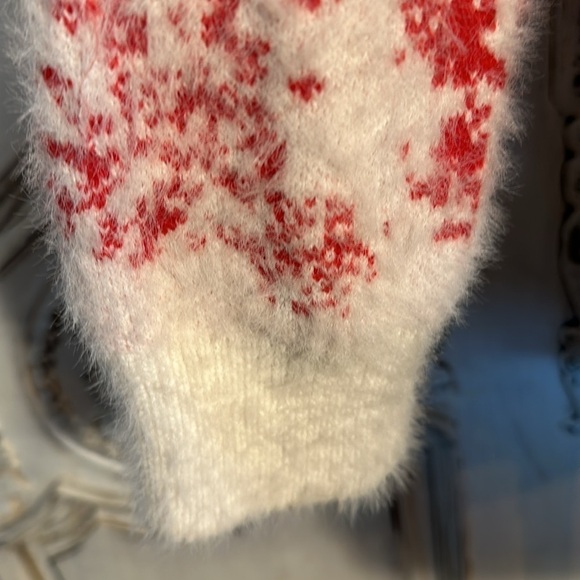 Red and White Snowflakes Eyelash Yarn High Crewneck Super Soft Pullover Sweater - Picture 7 of 11